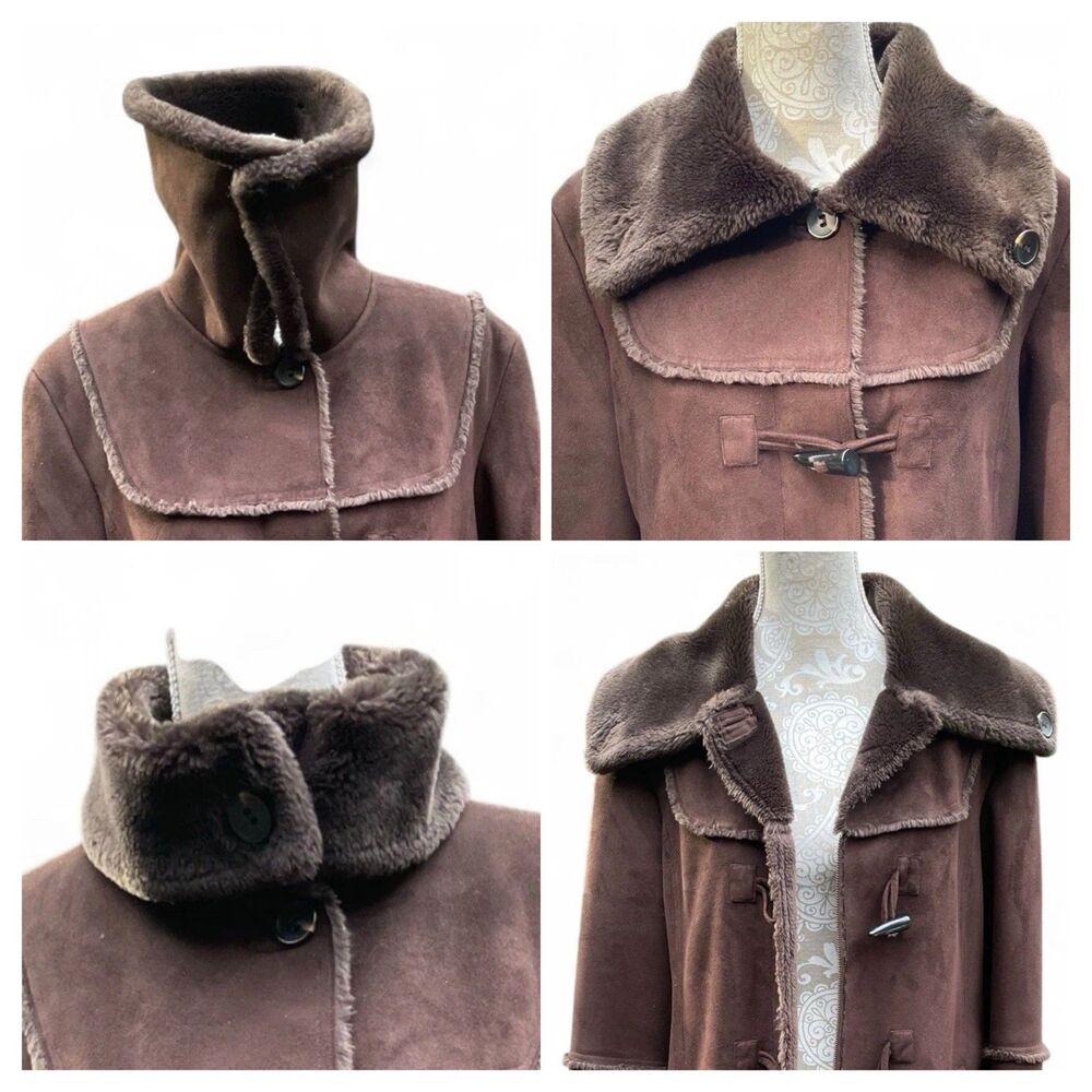 Larry Levine Brown Faux Suede Shearling Pile Lined Toggle Coat Jacket Sz L